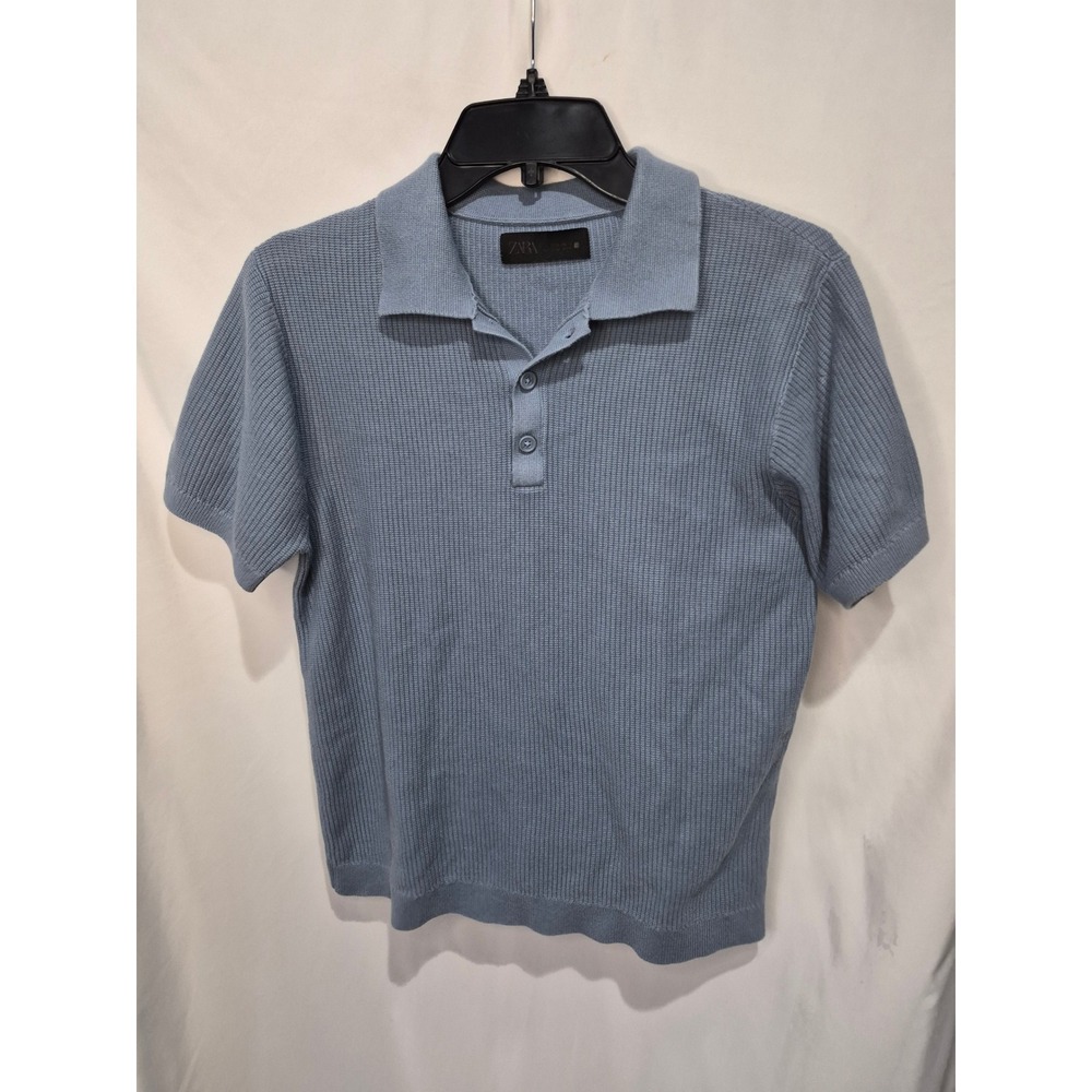 Zara Mens Ribbed Knit Polo Shirt Short Sleeve Dusty Blue Size M Medium